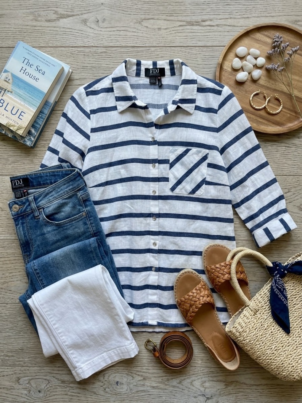 FDJ French Dressing Jeans Nautical Stripe 100% Cotton Button down Shirt Size 8